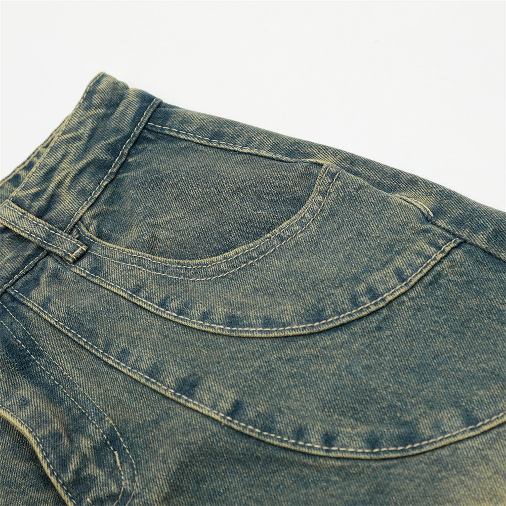 Vintage and distressed denim curved knife pants for men