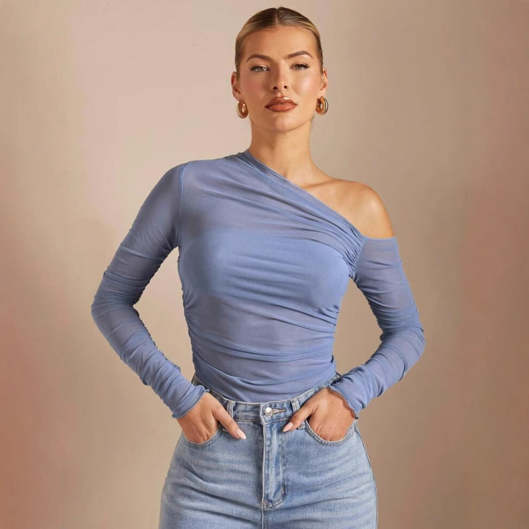 Single Shoulder Long Sleeve Gauze Top