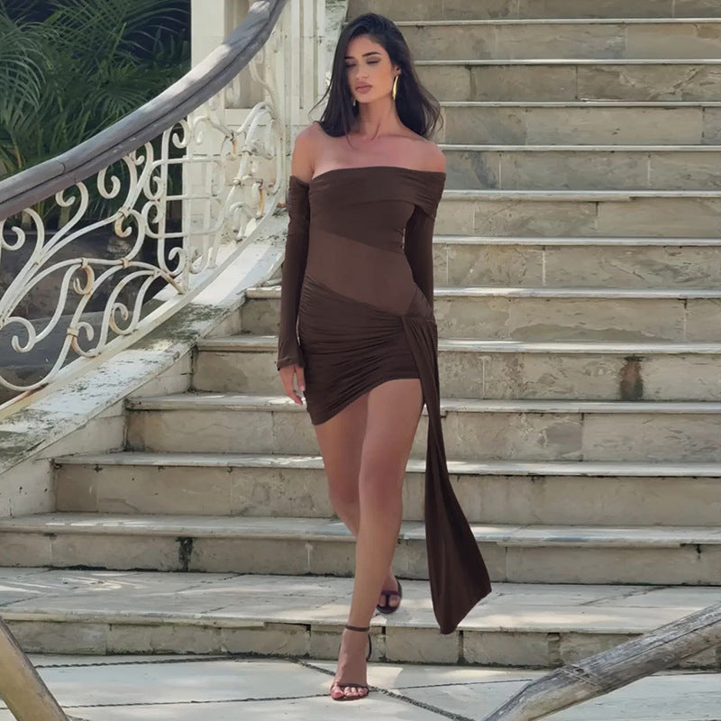 Women's Asymmetrical Shoulder Mesh Waist Dress
