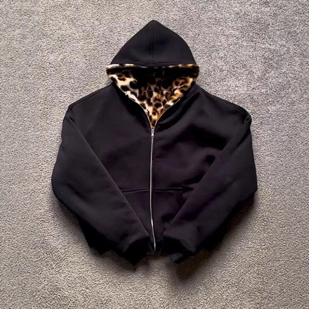 Hooded Leopard Print Zipper Sweatshirt