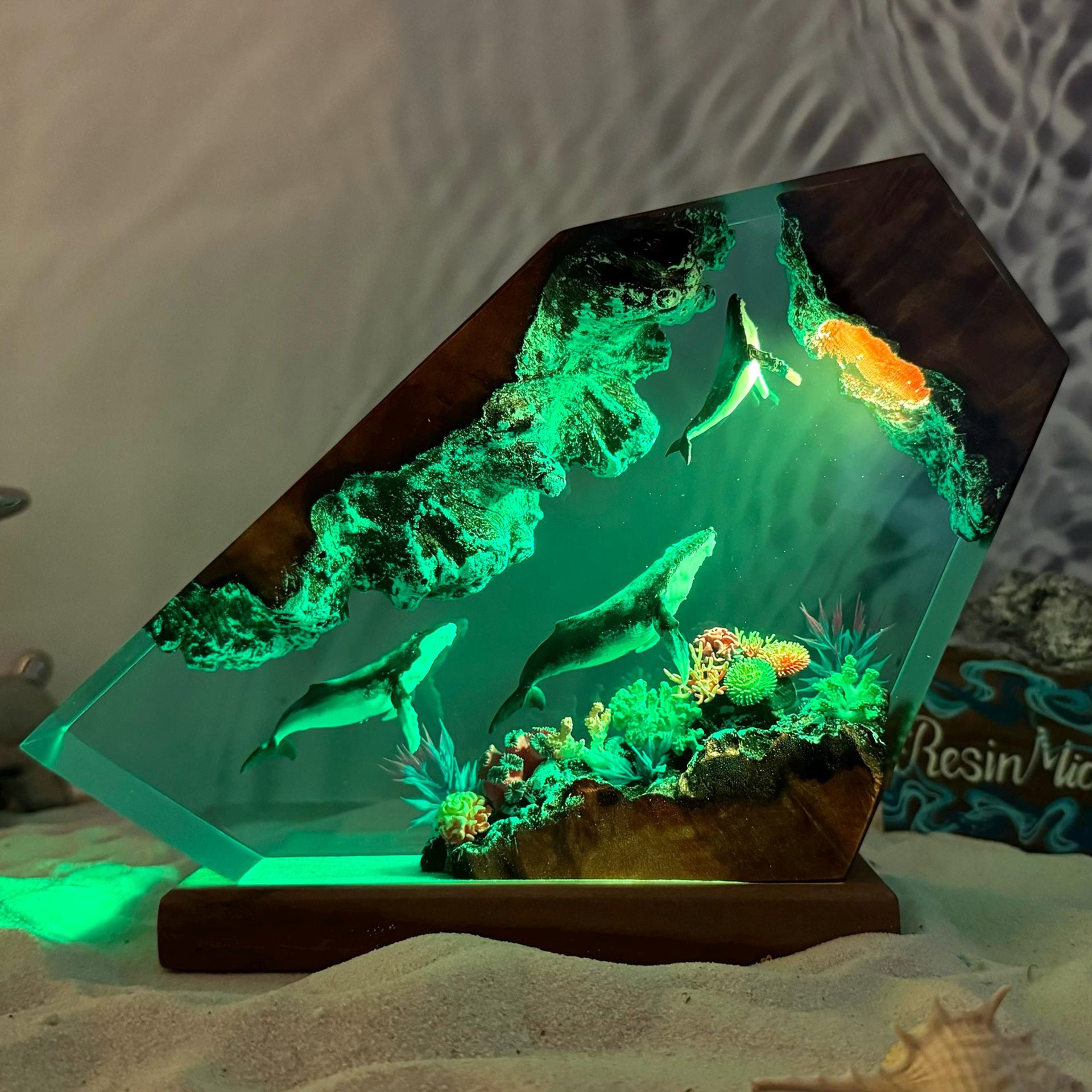 Handmade Resin Wood Night Light with Whale Design