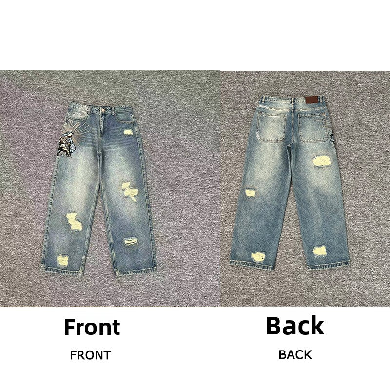 Designer Embroidered Denim Jeans Straight Leg Low Rise
