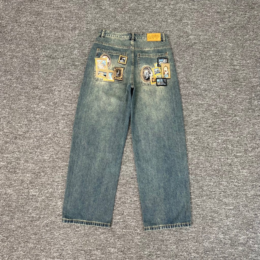 Designer Embroidered Denim Jeans Straight Leg Low Rise