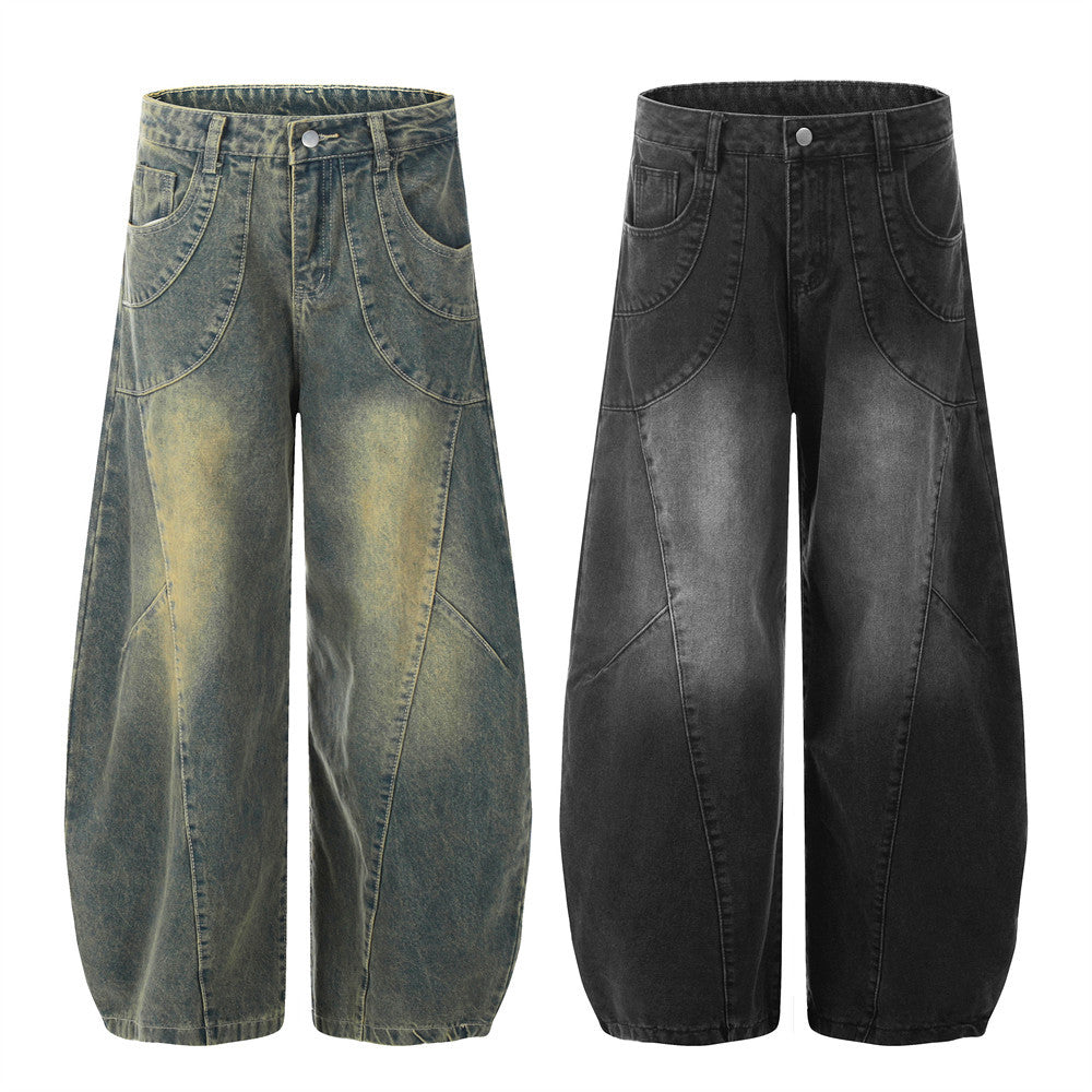 Vintage and distressed denim curved knife pants for men