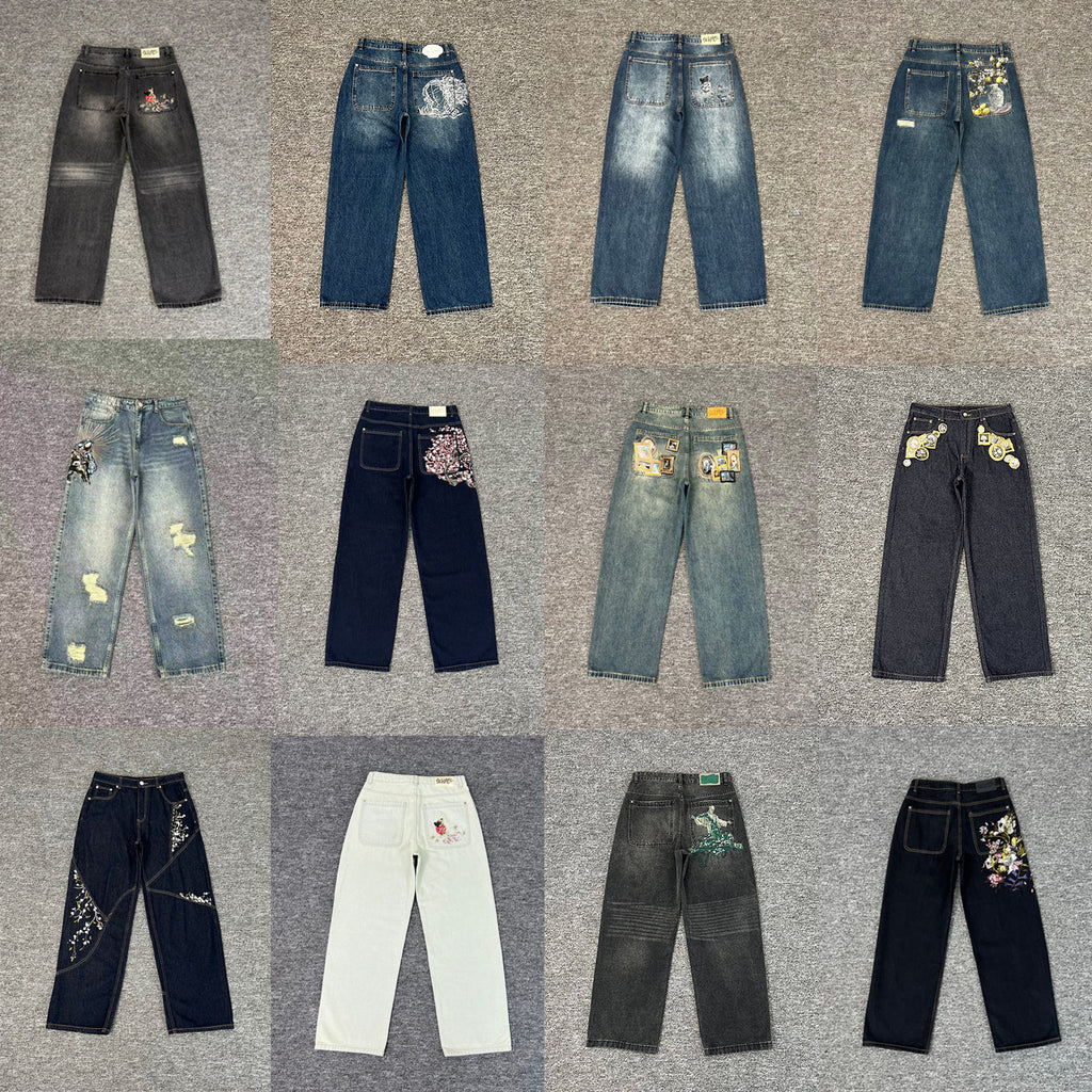 Designer Embroidered Denim Jeans Straight Leg Low Rise