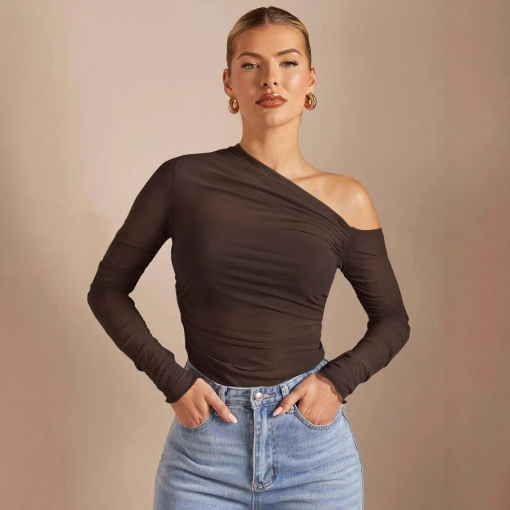 Single Shoulder Long Sleeve Gauze Top