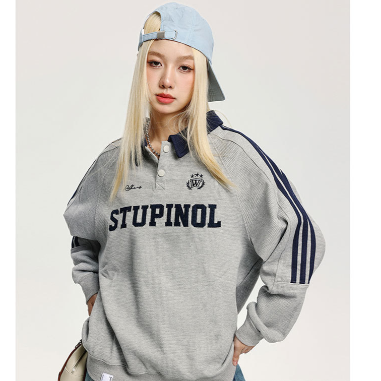 American Retro Collegiate Waffle-Knit Polo-Collar Sweatshirt for Women