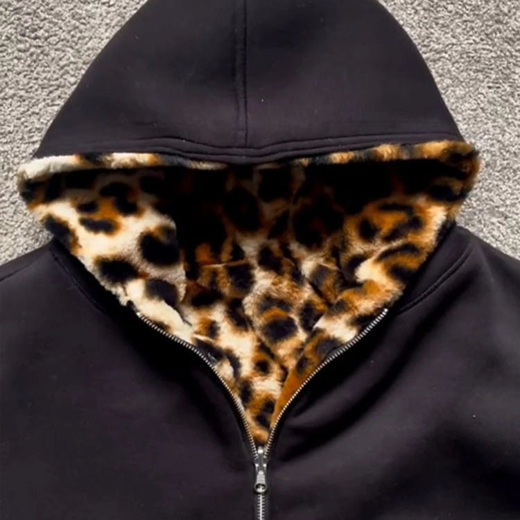 Hooded Leopard Print Zipper Sweatshirt