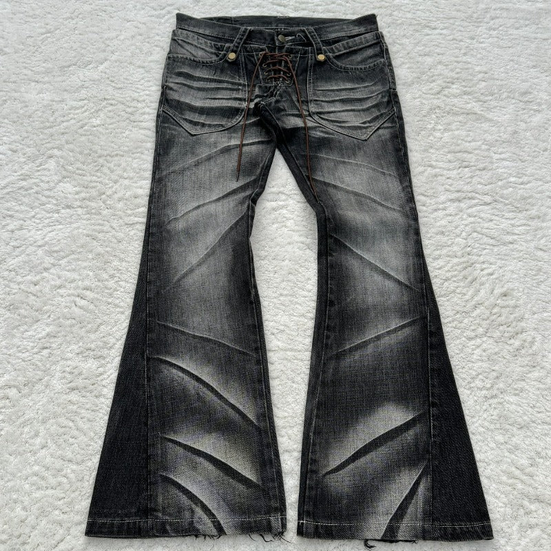 Retro Washed Double Waist Flared Denim Pants