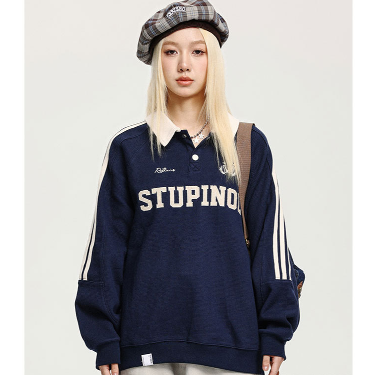 American Retro Collegiate Waffle-Knit Polo-Collar Sweatshirt for Women