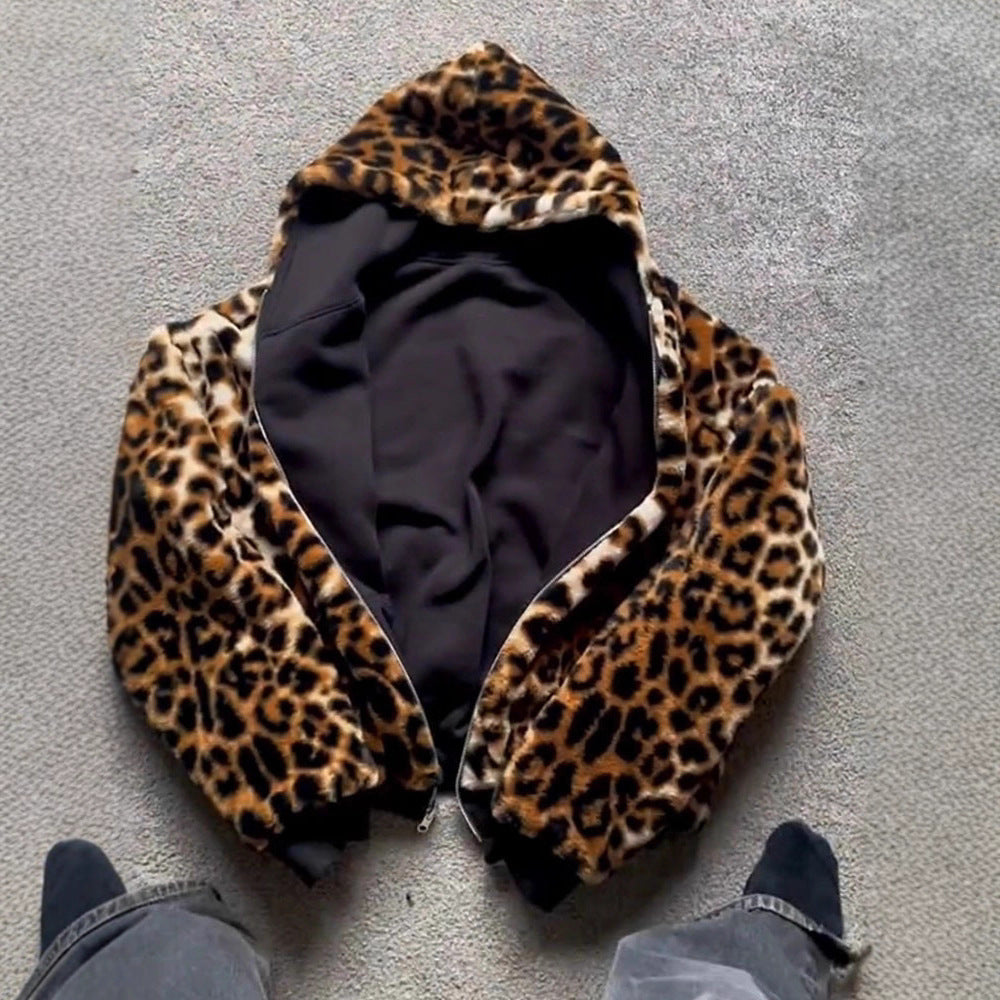 Hooded Leopard Print Zipper Sweatshirt