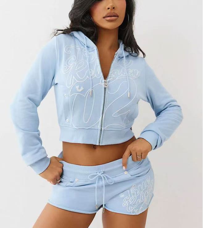 Womens Printed Zipper Cardigan Jacket Shorts Set