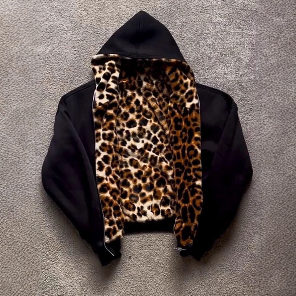 Hooded Leopard Print Zipper Sweatshirt
