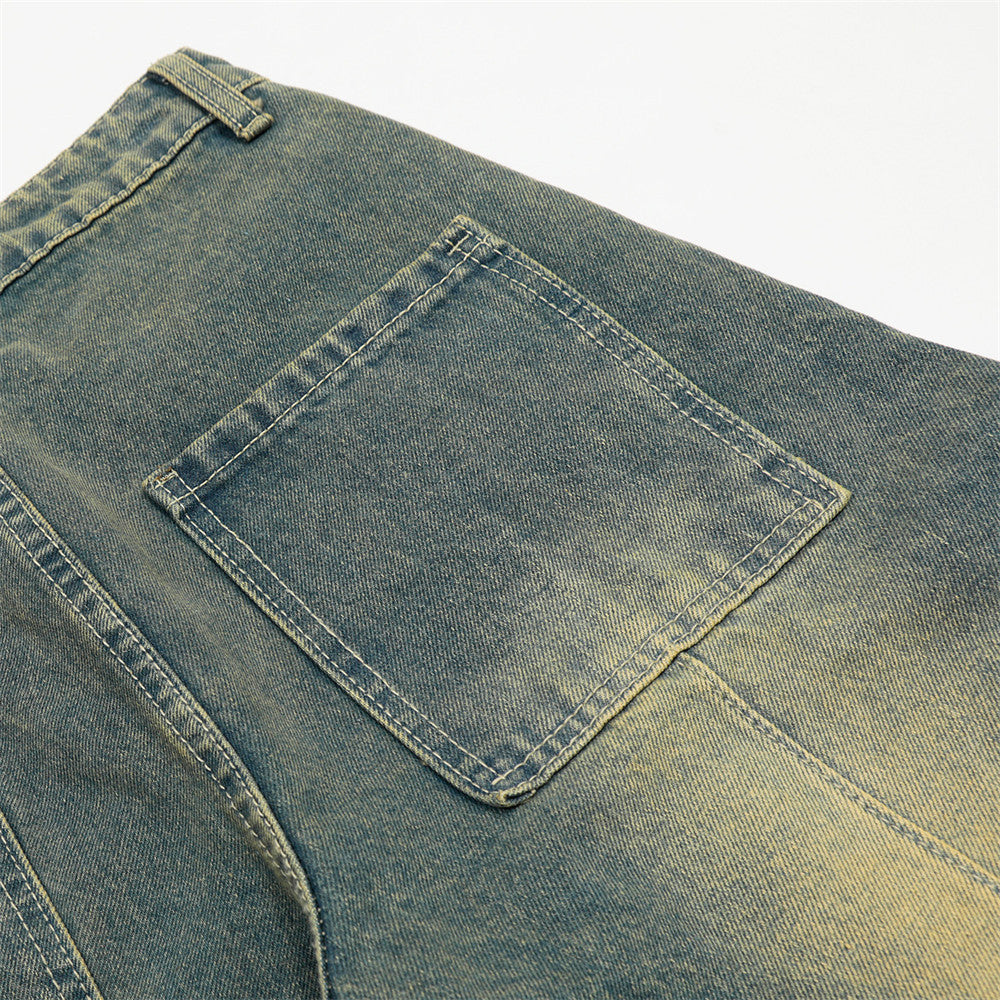 Vintage and distressed denim curved knife pants for men