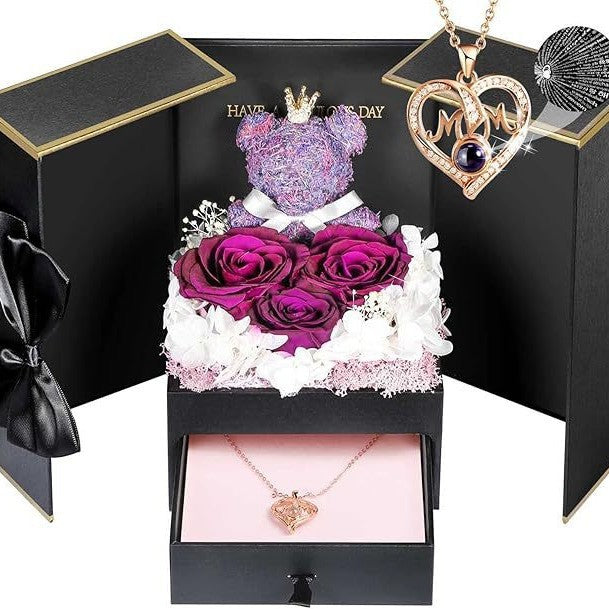 Bear Rose Double Door Gift Box with Everlasting Flower