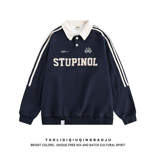 American Retro Collegiate Waffle-Knit Polo-Collar Sweatshirt for Women