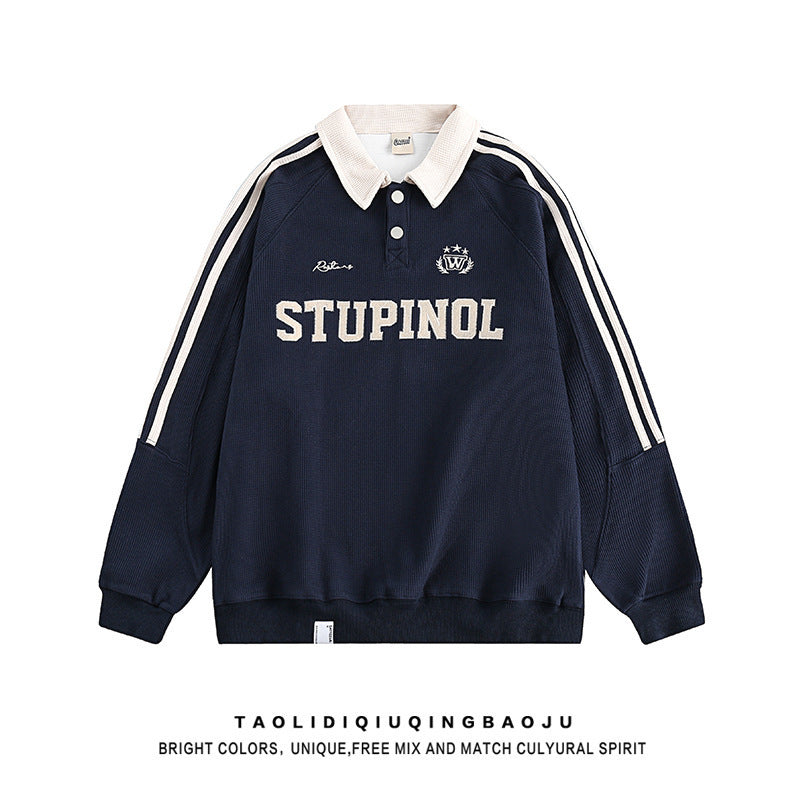 American Retro Collegiate Waffle-Knit Polo-Collar Sweatshirt for Women