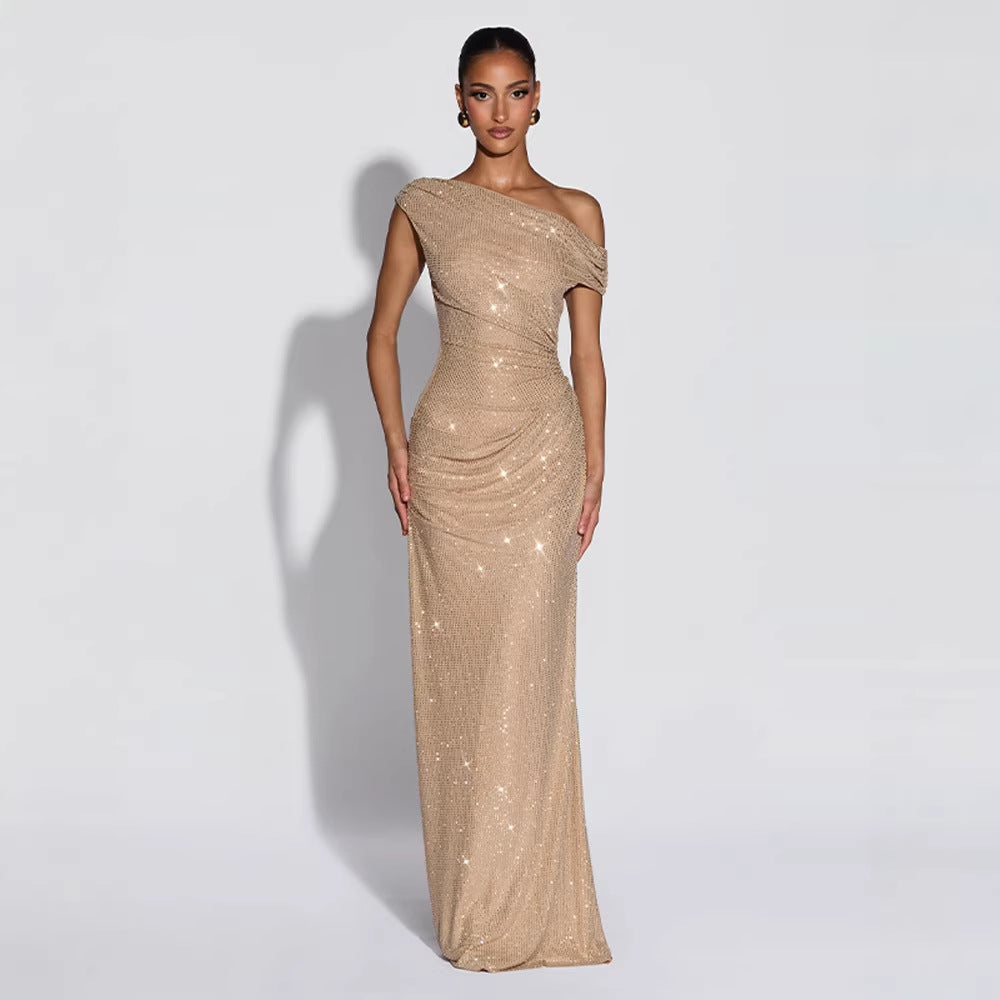 Womens Off-Shoulder Rhinestone Bodycon Long Dress