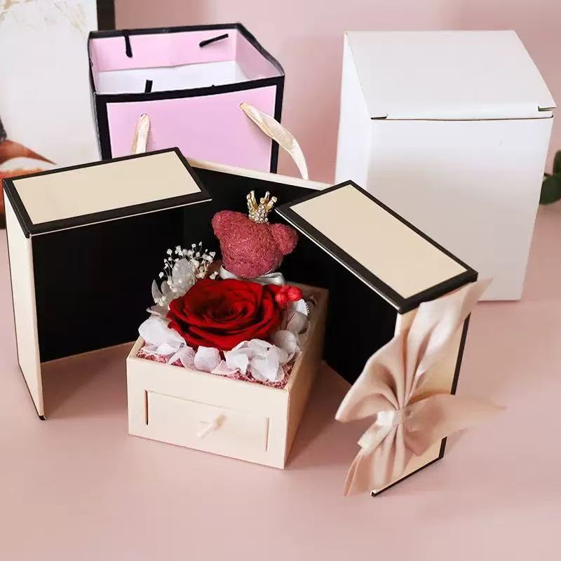 Bear Rose Double Door Gift Box with Everlasting Flower