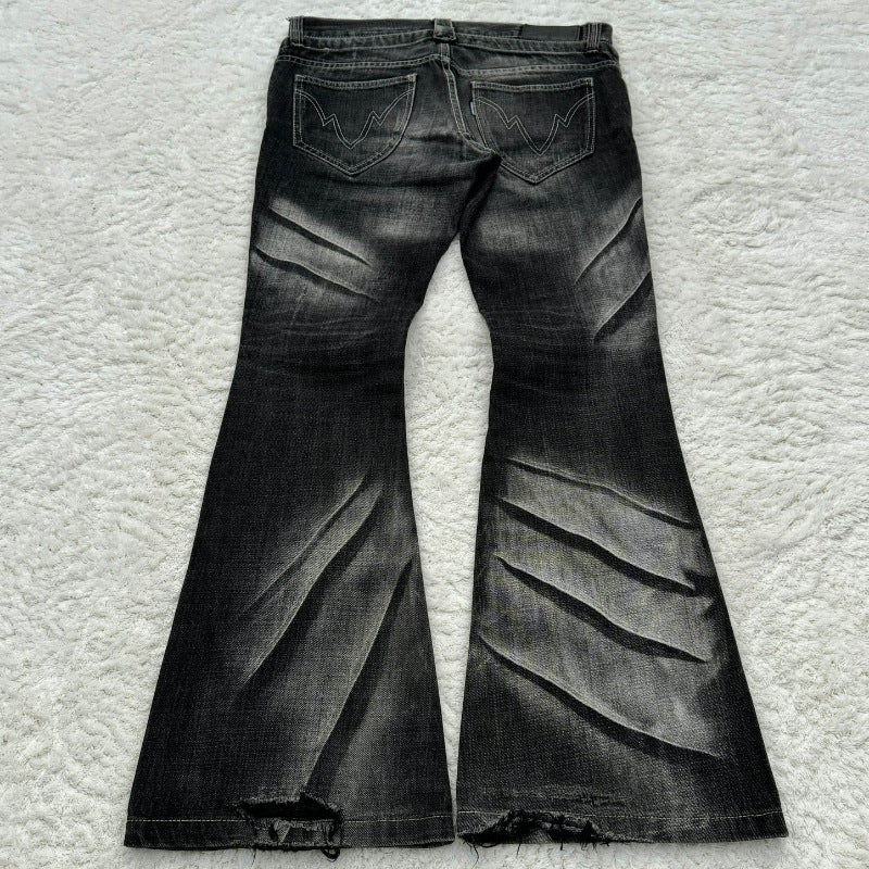 Retro Washed Double Waist Flared Denim Pants