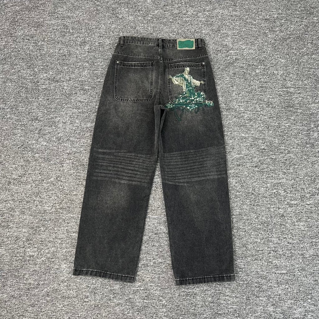 Designer Embroidered Denim Jeans Straight Leg Low Rise