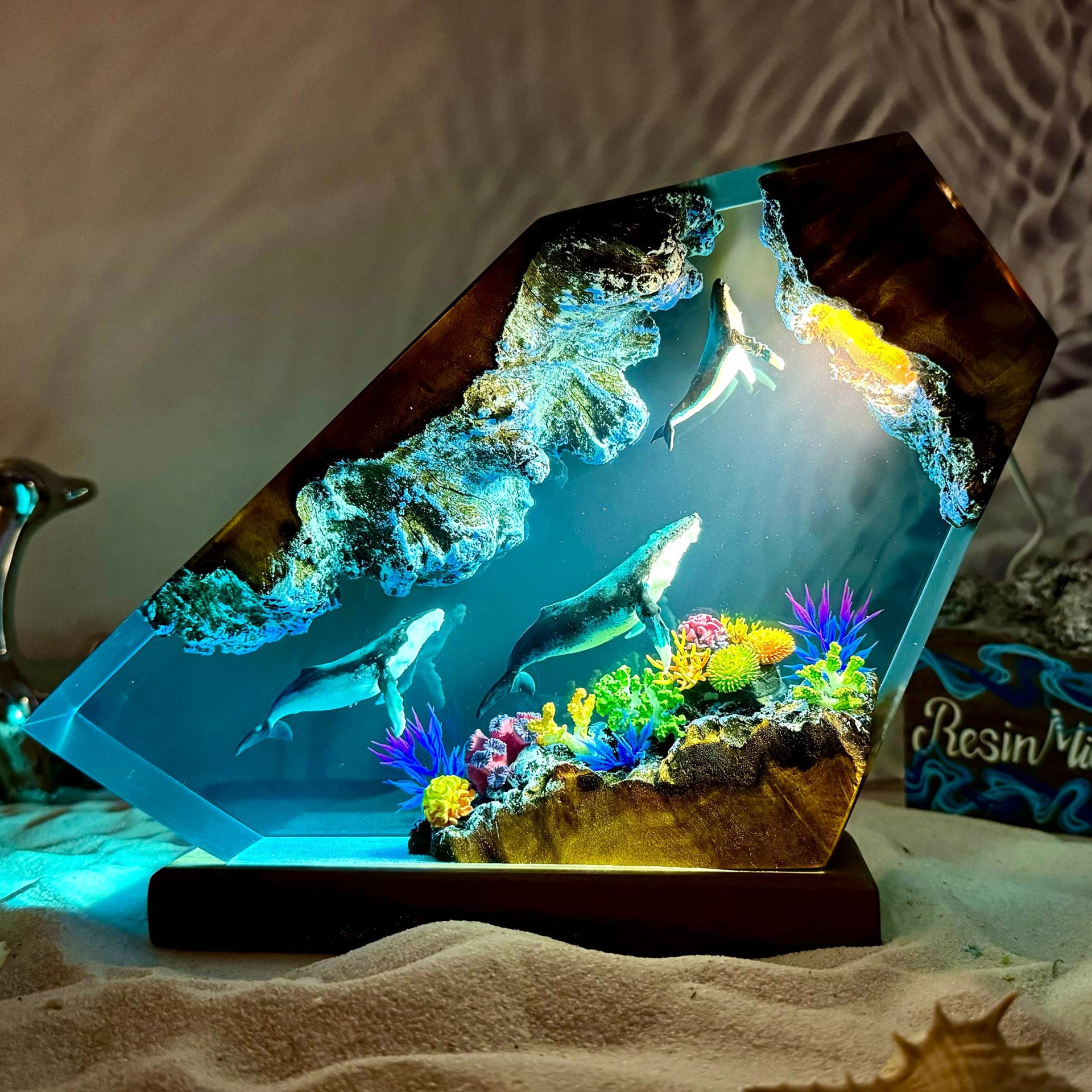 Handmade Resin Wood Night Light with Whale Design