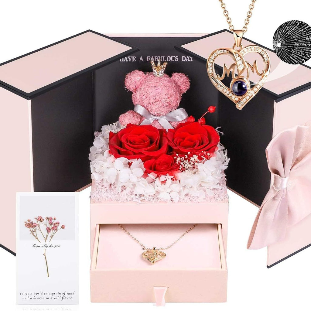 Bear Rose Double Door Gift Box with Everlasting Flower