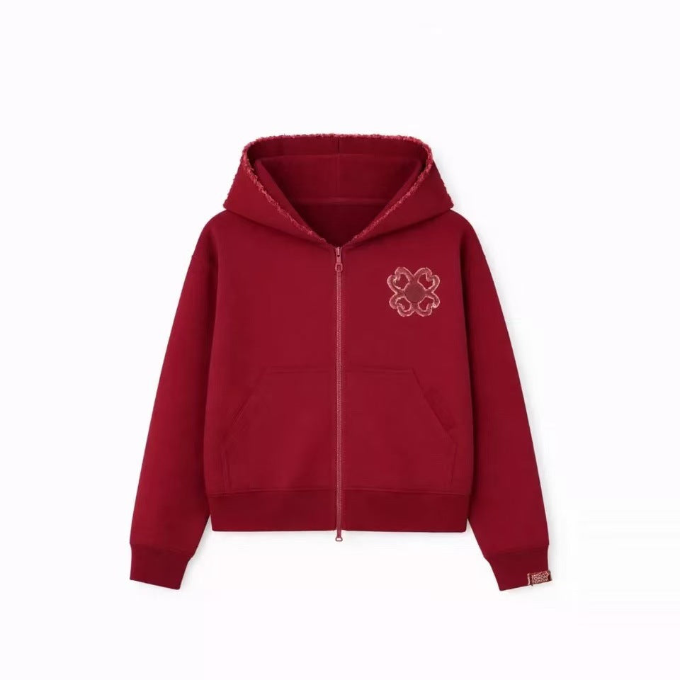 Geometric Print Hooded Zipper Sweatshirt