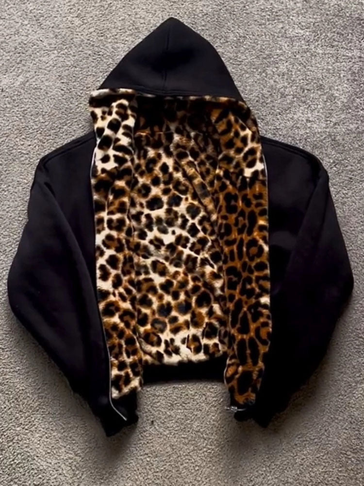 Hooded Leopard Print Zipper Sweatshirt