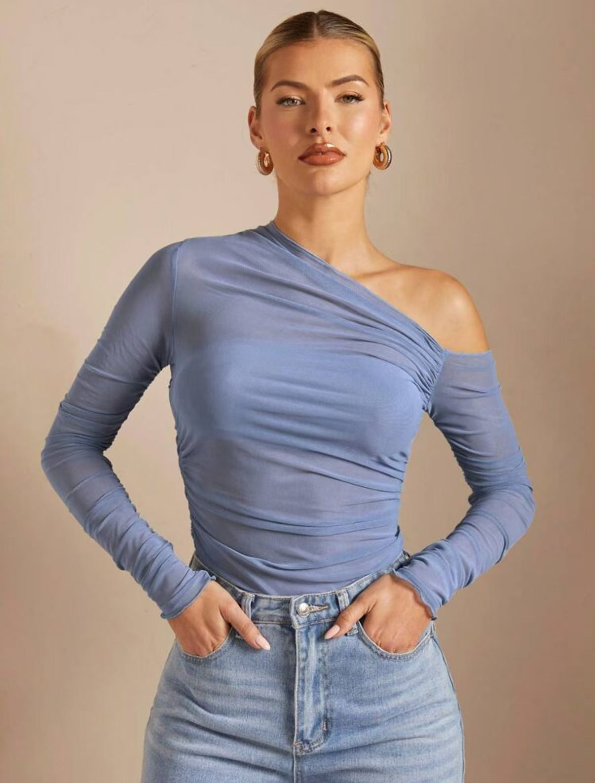 Single Shoulder Long Sleeve Gauze Top