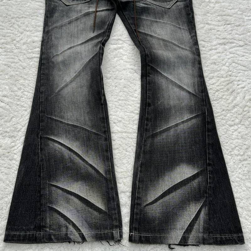Retro Washed Double Waist Flared Denim Pants