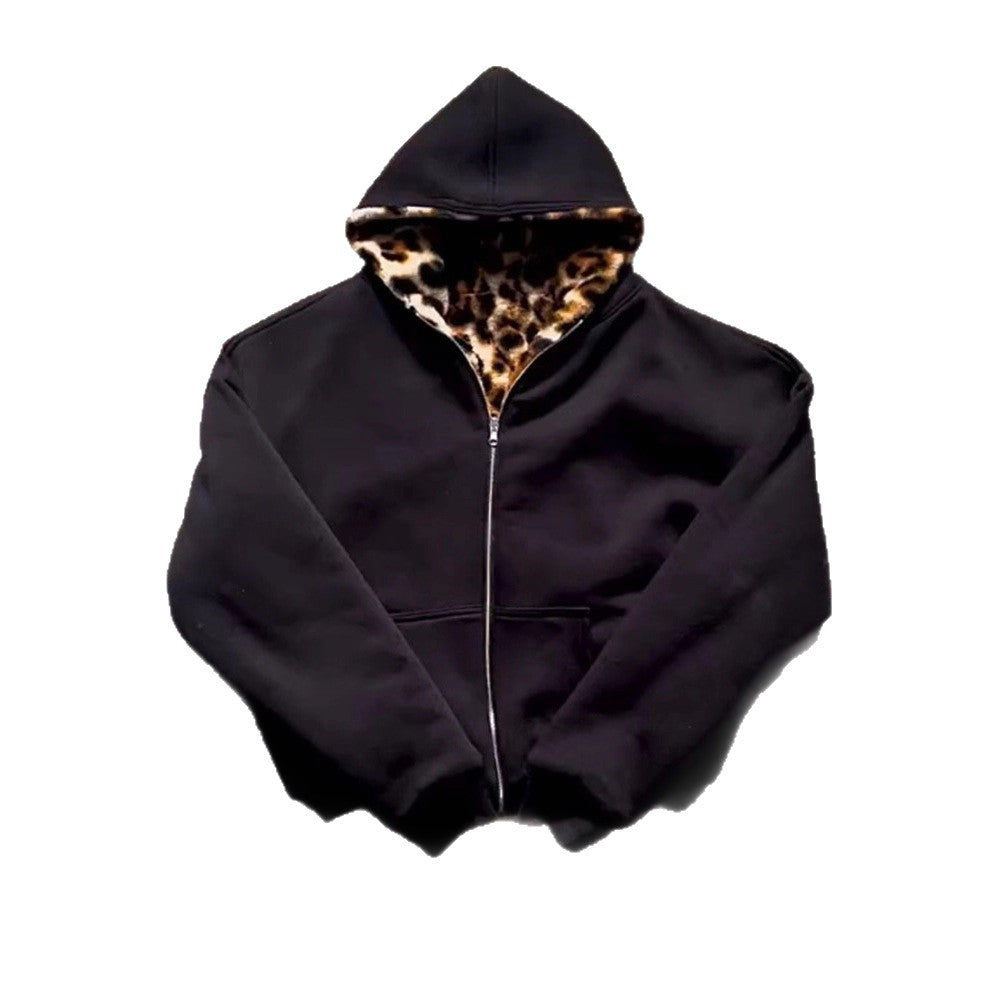 Hooded Leopard Print Zipper Sweatshirt