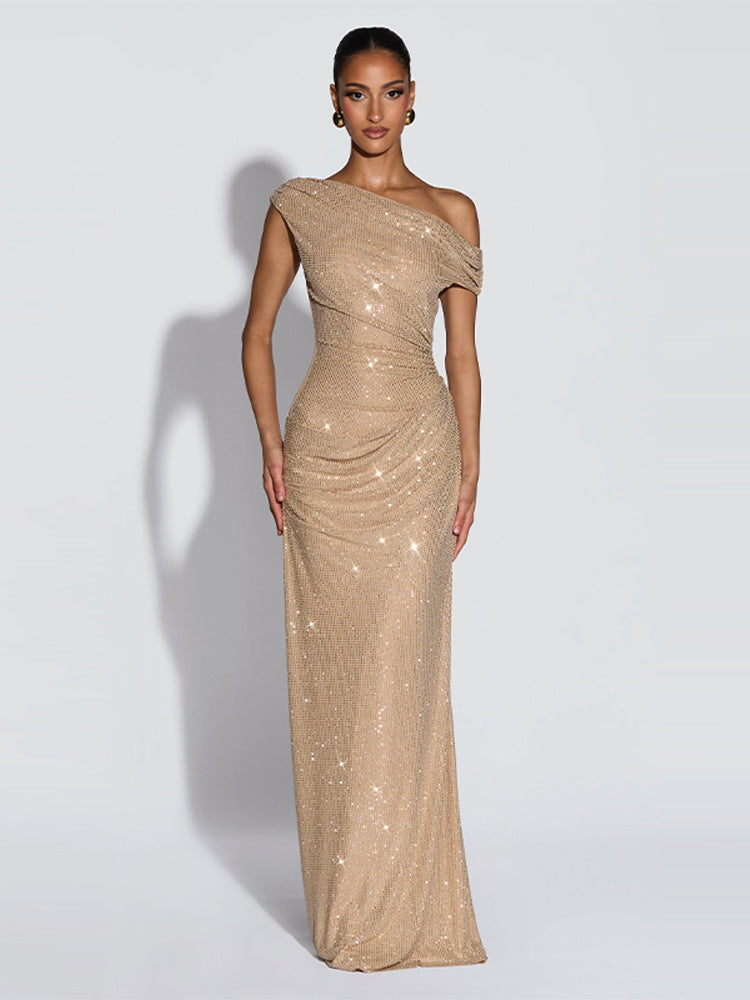 Womens Off-Shoulder Rhinestone Bodycon Long Dress