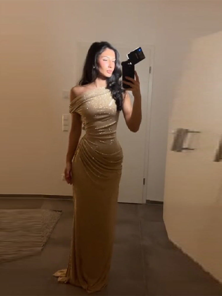 Womens Off-Shoulder Rhinestone Bodycon Long Dress