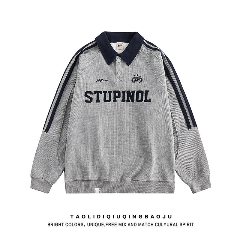 American Retro Collegiate Waffle-Knit Polo-Collar Sweatshirt for Women