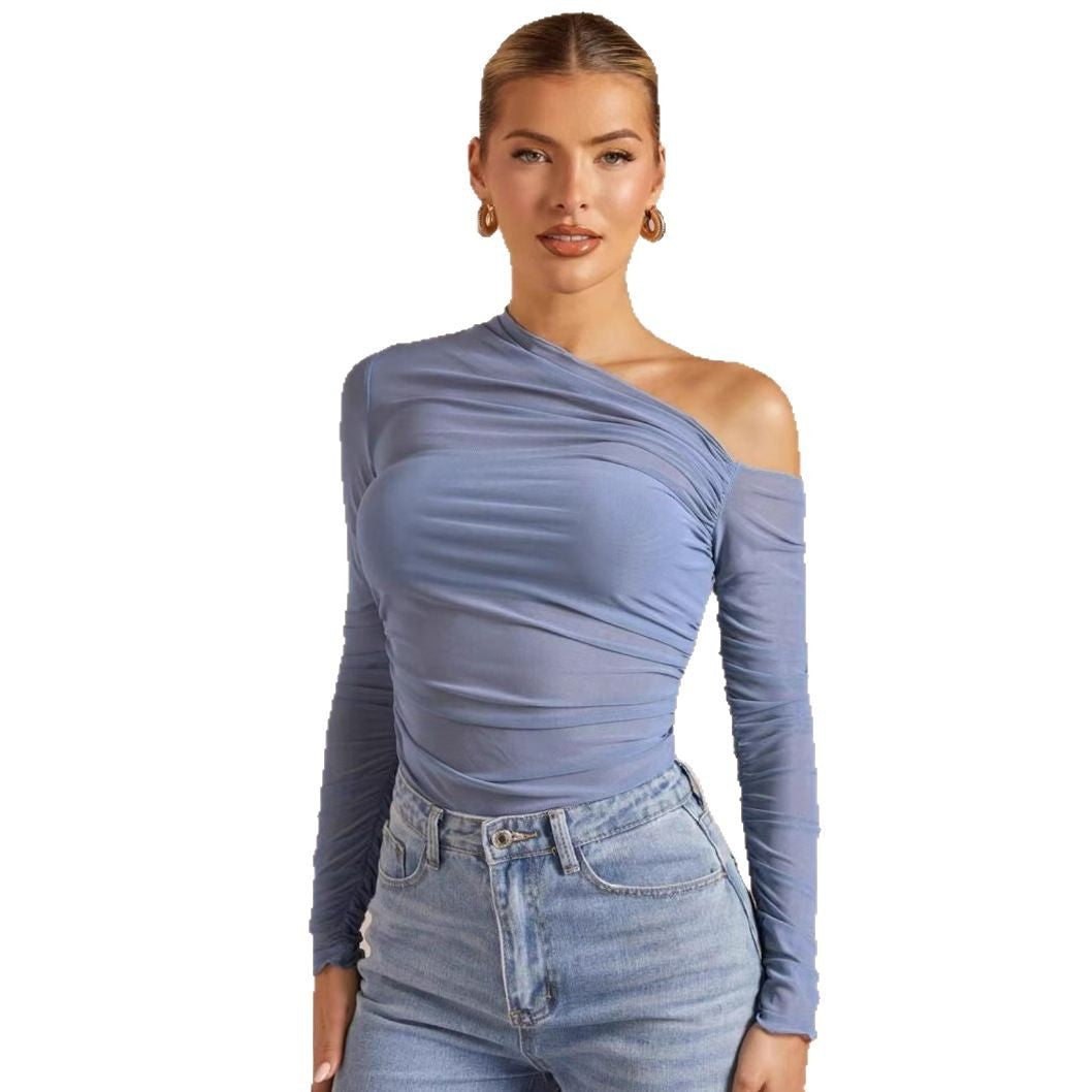 Single Shoulder Long Sleeve Gauze Top