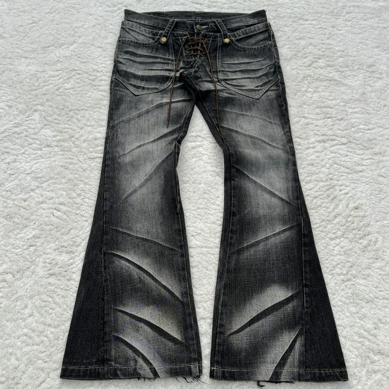 Retro Washed Double Waist Flared Denim Pants