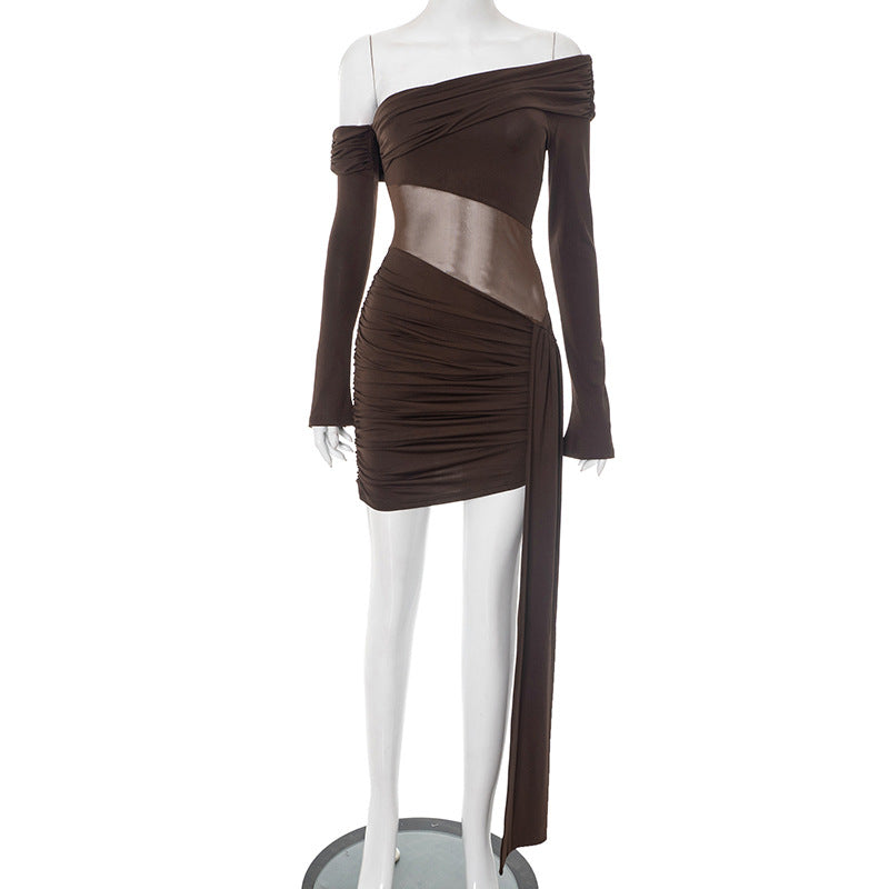 Women's Asymmetrical Shoulder Mesh Waist Dress